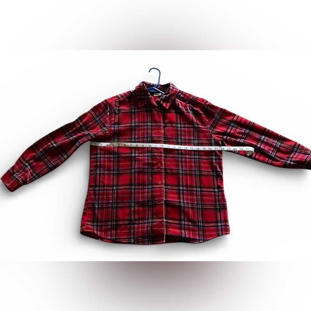 LL Bean Shirt Womens Medium‎ Red Plaid Velour Button Up 0 YR45